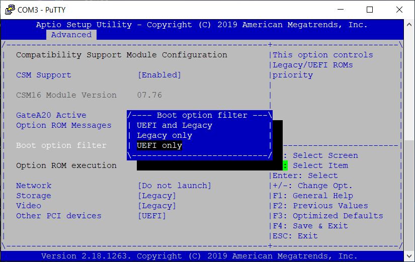 Com3 PuTTY boot option filter